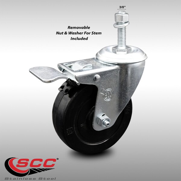 4 Inch SS Soft Rubber 3/8 Inch Threaded Stem Caster with Total Lock Brake SCC